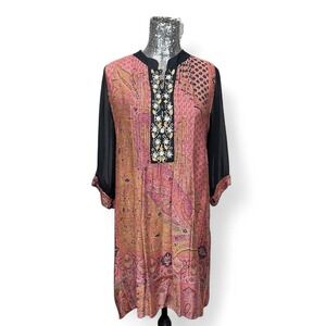 Boho Jacquard Beaded Sheer Sleeve Tunic‎ Dress Large Multicolor Festival Party